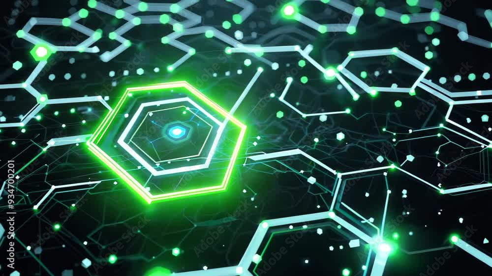 Poster a vibrant green hexagonal shape stands out prominently against a deep black background, creating a s