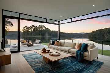 Fototapeta premium Bright Modern Living Area with Spacious Panoramic View of Tranquil Lakes