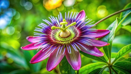 Vibrant passion flower close-up on a green leafy background, passion flower, macro, vibrant, green, nature, close-up, blooming