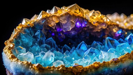 Extreme close up image of a striking glowing blue, gold, and purple crystal geode on a black background, crystal, geode, close up