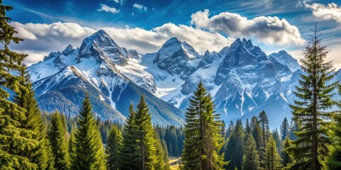 Mountain landscape showing snow-capped peaks and pine trees, mountain, landscape,snowy, peaks, trees, nature, scenery