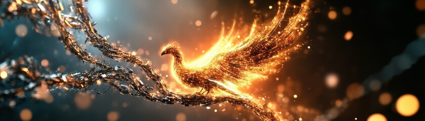 Naklejka premium Majestic Phoenix Rising: Glowing Golden Bird in a Mystical Fantasy Setting with Sparkling Lights