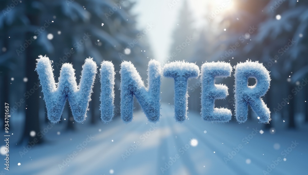 Poster frosty 'winter' text in a snow-covered forest with sunlight shining through the trees.