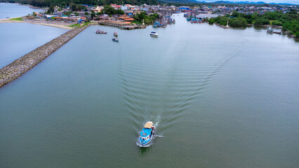 Aerial view of fishing village and gulf at Pak Nam Sichon, estuary area in Chumphon Province,...