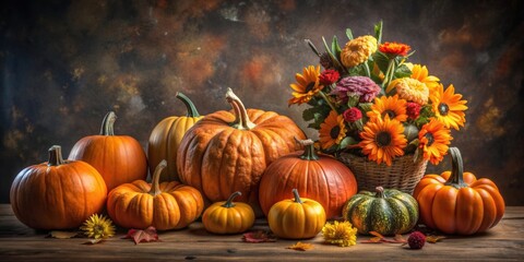 Still life of pumpkins, oranges, and flowers evoking the atmosphere of Halloween and autumn, still life, pumpkins, oranges