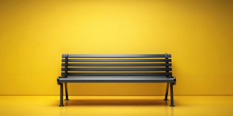 Sunny day photorealistic image of a black bench against yellow paneling , bench, black, yellow, paneling, sunny