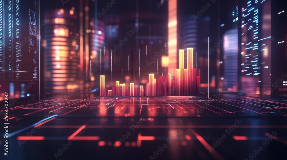 Poster 3d bar chart with animated bars showcasing financial growth, set against a backdrop of a high-tech o
