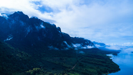 Beautiful view of mountains with fog in Kanchanaburi, Thailand