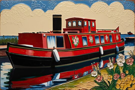 Traditional Tole Painting of a Colourful Red Canal Boat with Floral Design and Texture