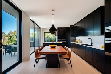 Obraz premium Modern Kitchen Interior with Dining Area and Sleek Cabinetry Features Expansive Glass Window