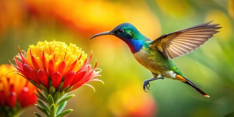 Fototapeta premium Sunbird hovering near a vibrant flower, Sunbird, hovering, flower, nature, wildlife, bird, tropical, colorful, pollination