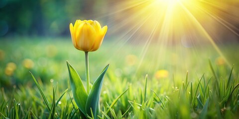 Yellow tulip on green grass with sunbeam, tulip, flower, yellow, green, grass, sunbeam, nature, bloom, garden, spring, plant