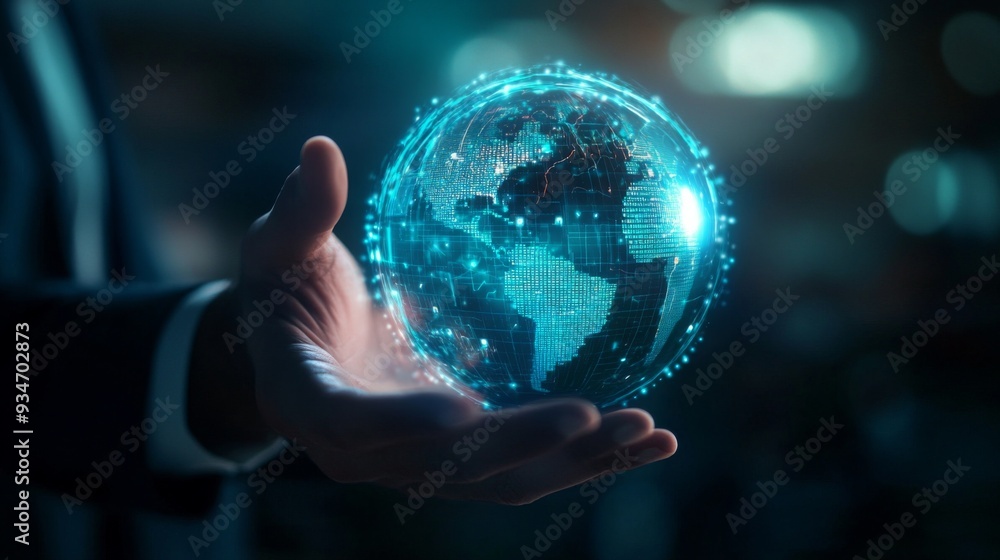 Poster a visionary businessman extends his hand to a holographic globe, symbolizing cutting-edge global con