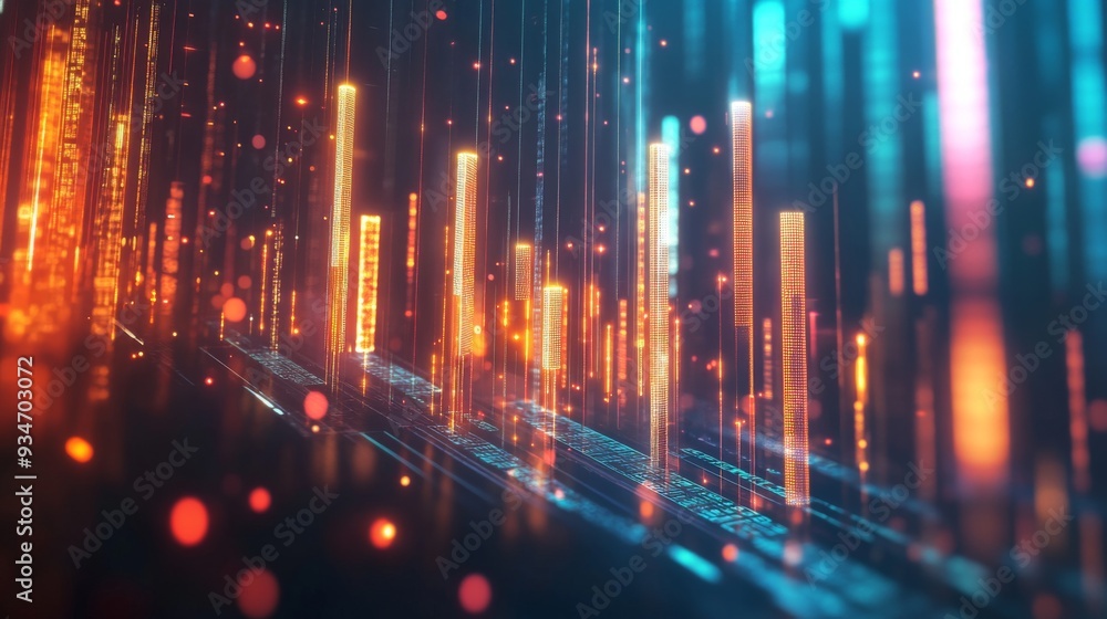 Poster abstract 3d bar chart floating in a digital space, with glowing data points and vibrant colors illus