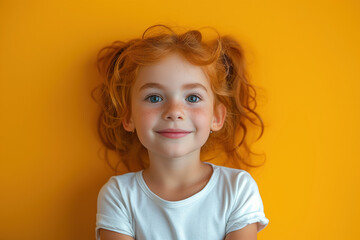 Naklejka premium Smiling young girl with red hair against yellow background