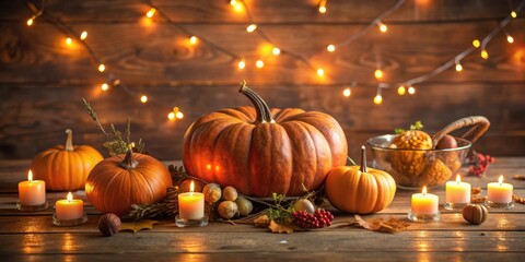 Fototapeta premium Thanksgiving pumpkin centerpiece on rustic table with candles and string lights, Thanksgiving, pumpkins, centerpiece