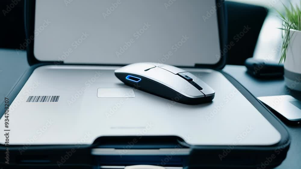 Poster a laptop rests on a surface, accompanied by a mouse positioned beside it, creating a functional work