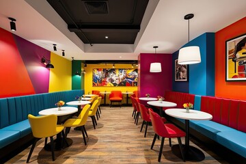 Trendy Urban Cafe Design Featuring Bold Furnishings and Eye-Catching Walls in a Lively Atmosphere