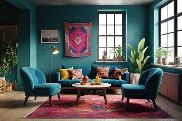Fototapeta premium Stylish Bohemian Loft Mockup Frame in Cozy Living Room Setting