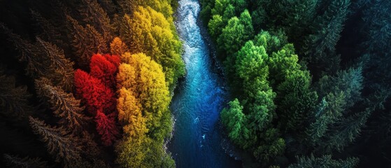 Obraz premium Aerial View of a Vibrant Forest with Multicolored Trees and a Serene River Flowing Through