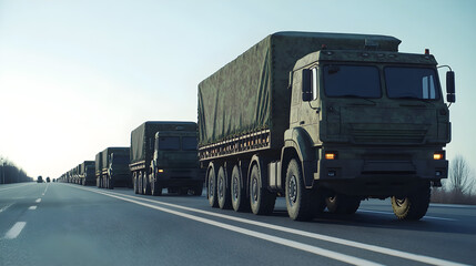 Obraz premium Military truck convoy Rolls across open blue sky highway