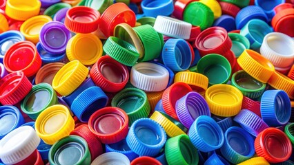 Close-up of vibrant plastic bottle caps stacked for recycling, colorful, bottle caps, plastic, spread