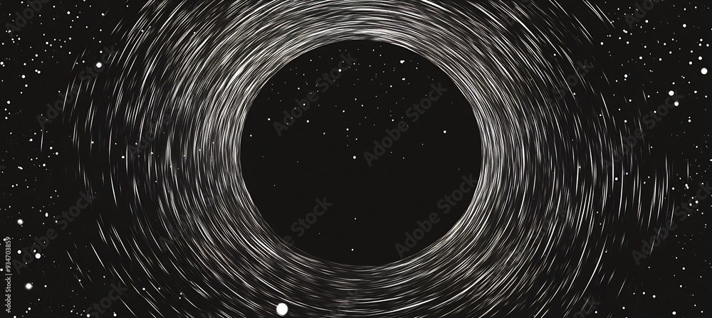 Poster black hole floating within a 3d cosmic abyss where 2d light trails stretch and disappear visualizing