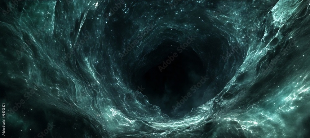 Poster black hole floating within a 3d cosmic abyss where 2d light trails stretch and disappear visualizing