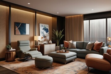Fototapeta premium Cozy Stylish Lounge Design with Reclining Seats and Warm Textures