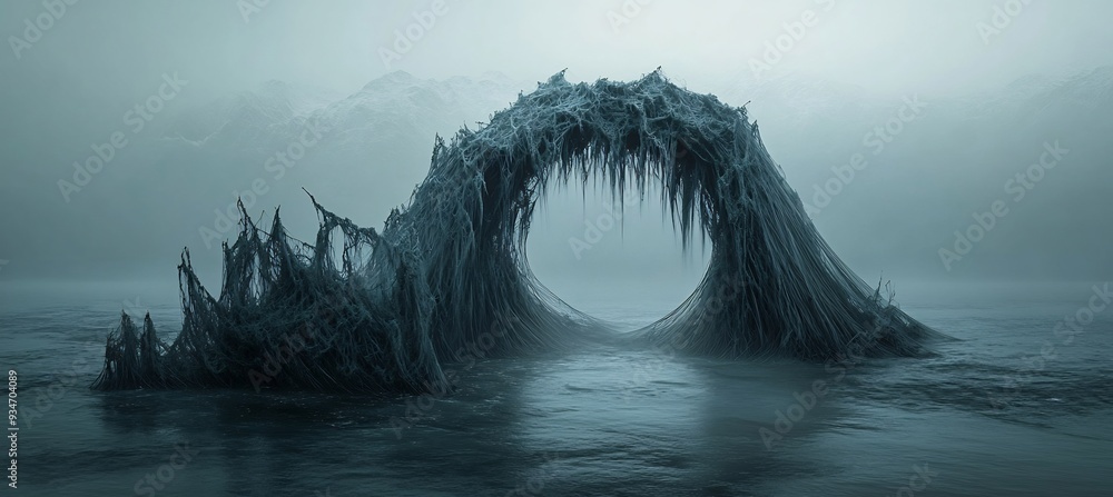 Poster black hole floating within a 3d cosmic abyss where 2d light trails stretch and disappear visualizing