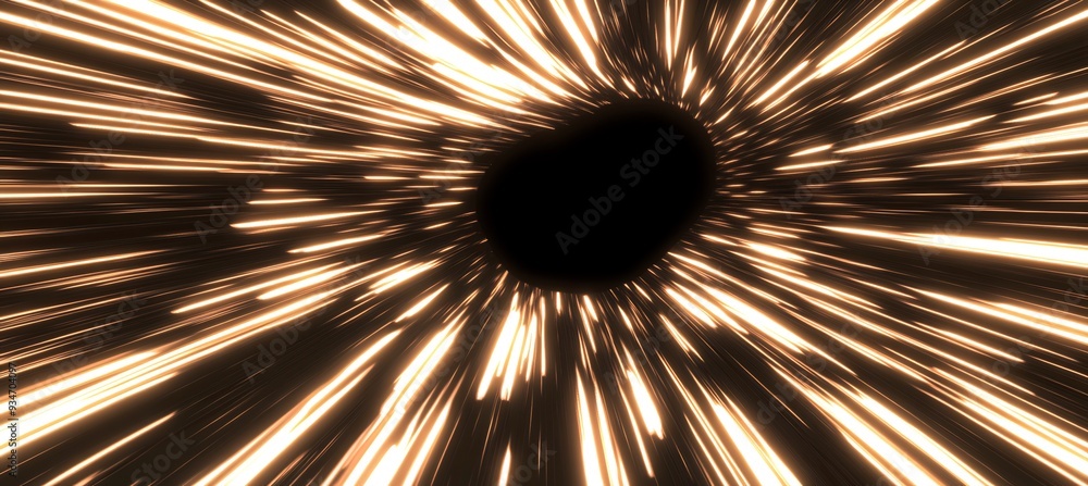Poster black hole floating within a 3d cosmic abyss where 2d light trails stretch and disappear visualizing