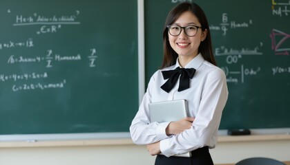 Young Asian female teacher holding a tablet, standing in front of a chalkboard filled with mathematical equations.