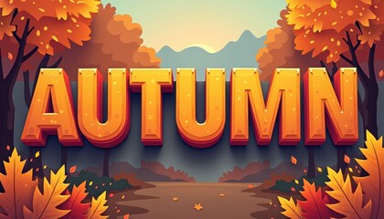 Bright orange 'AUTUMN' text in a cartoon forest scene with falling leaves and warm colors.
