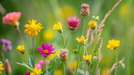 Fototapeta premium Beautiful close-up of a cluster of wildflowers, showcasing their diverse shapes and vibrant colors in natural light