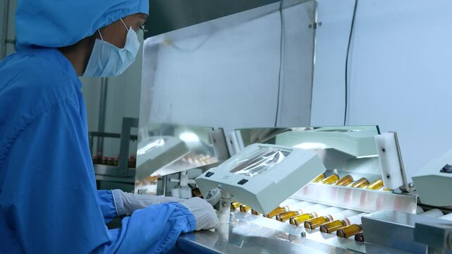 visual inspection of vaccine injection manufacturing line glass vial bottle on a conveyor belt in a Pharma production factory injections in small ampoule vials factory process with latest machinery	
