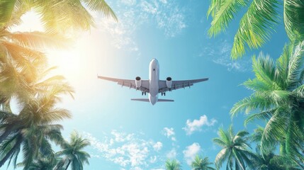 Blue sky with coconut trees, The airplane is going to the tropical sea beach. for sightseeing and relaxing in the summer holidays