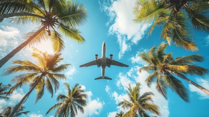 Blue sky with coconut trees, The airplane is going to the tropical sea beach. for sightseeing and relaxing in the summer holidays