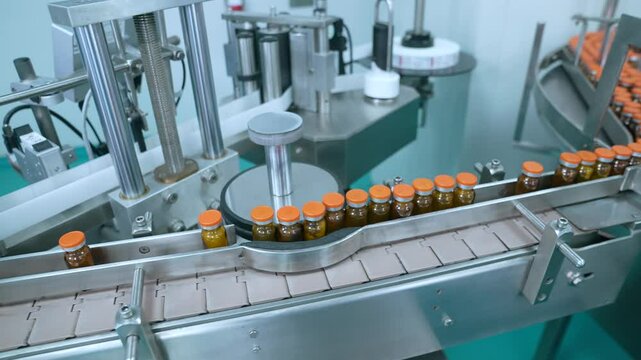 vaccine injection manufacturing line glass vial bottle on a conveyor belt in a Pharma production factory injections in small ampoule vials factory, pharmaceutical industry, injections for healthcare