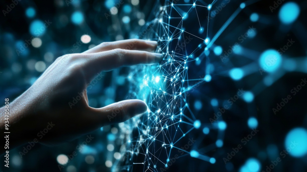 Poster businessman hand touching of digital data network transformation for next generation technology on c
