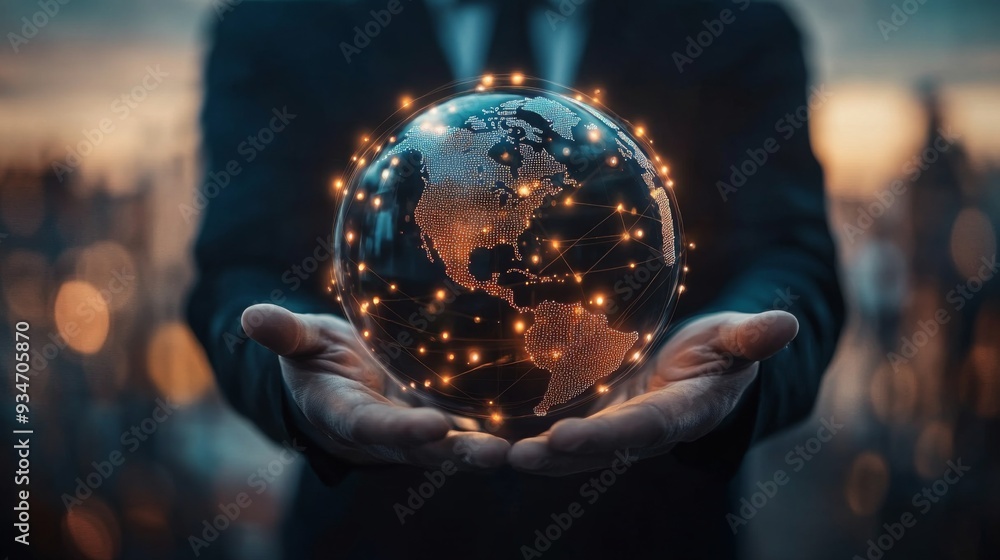 Poster Businessman holding global network connection on social networking and customer data analytics, Business strategy and smart intelligence, digital marketing, Technology and global business.