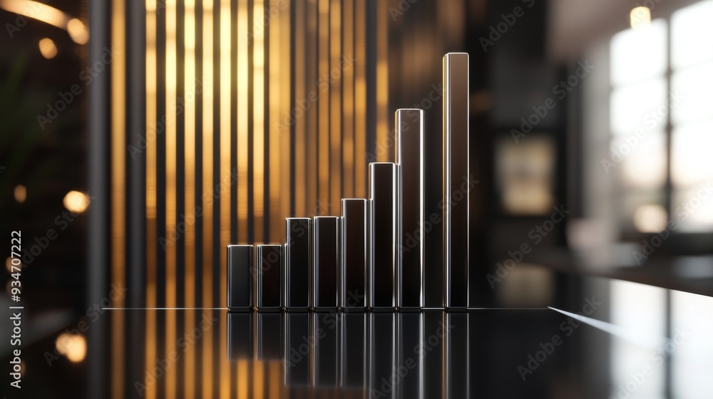 Poster Close-up of a 3D bar chart with an upward trend, showing increasing sales or revenue, set against a sleek office backdrop