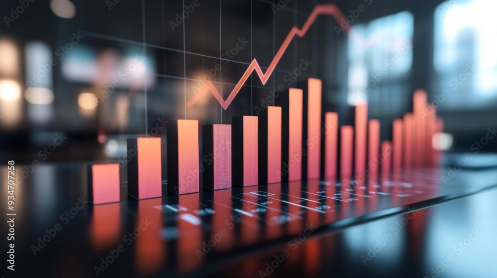 Poster close-up of a 3d bar chart with an upward trend, showing increasing sales or revenue, set against a 