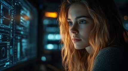 AI Cybersecurity. Female Specialist Analyzing Digital Threats and Data Privacy