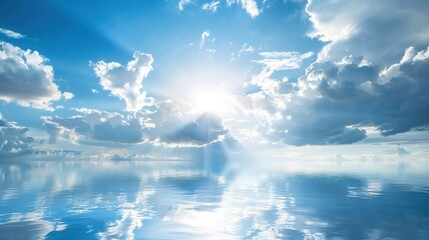 The Serene Blue Sky, White Clouds and Water Surface Reflection Background: A Tranquil Visual Oasis.