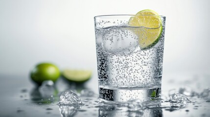 Fototapeta premium A refreshing glass of sparkling water with ice and a slice of lime, set against a minimalist background with scattered ice cubes.