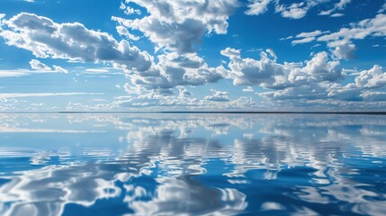 The Serene Blue Sky, White Clouds and Water Surface Reflection Background: A Tranquil Visual Oasis.
