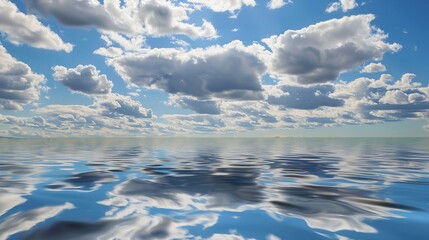 The Serene Blue Sky, White Clouds and Water Surface Reflection Background: A Tranquil Visual Oasis.