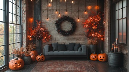 a cozy, stylish Halloween-themed living room with a dark, moody atmosphere. There are glowing...