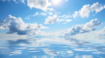 The Serene Blue Sky, White Clouds and Water Surface Reflection Background: A Tranquil Visual Oasis.