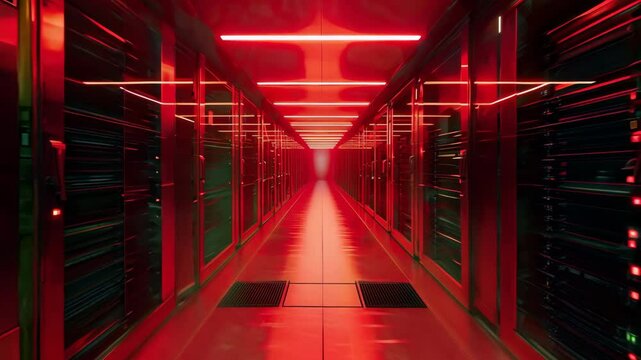ultra modern high speed server farm under soft red lighting, high contrast and technological feel